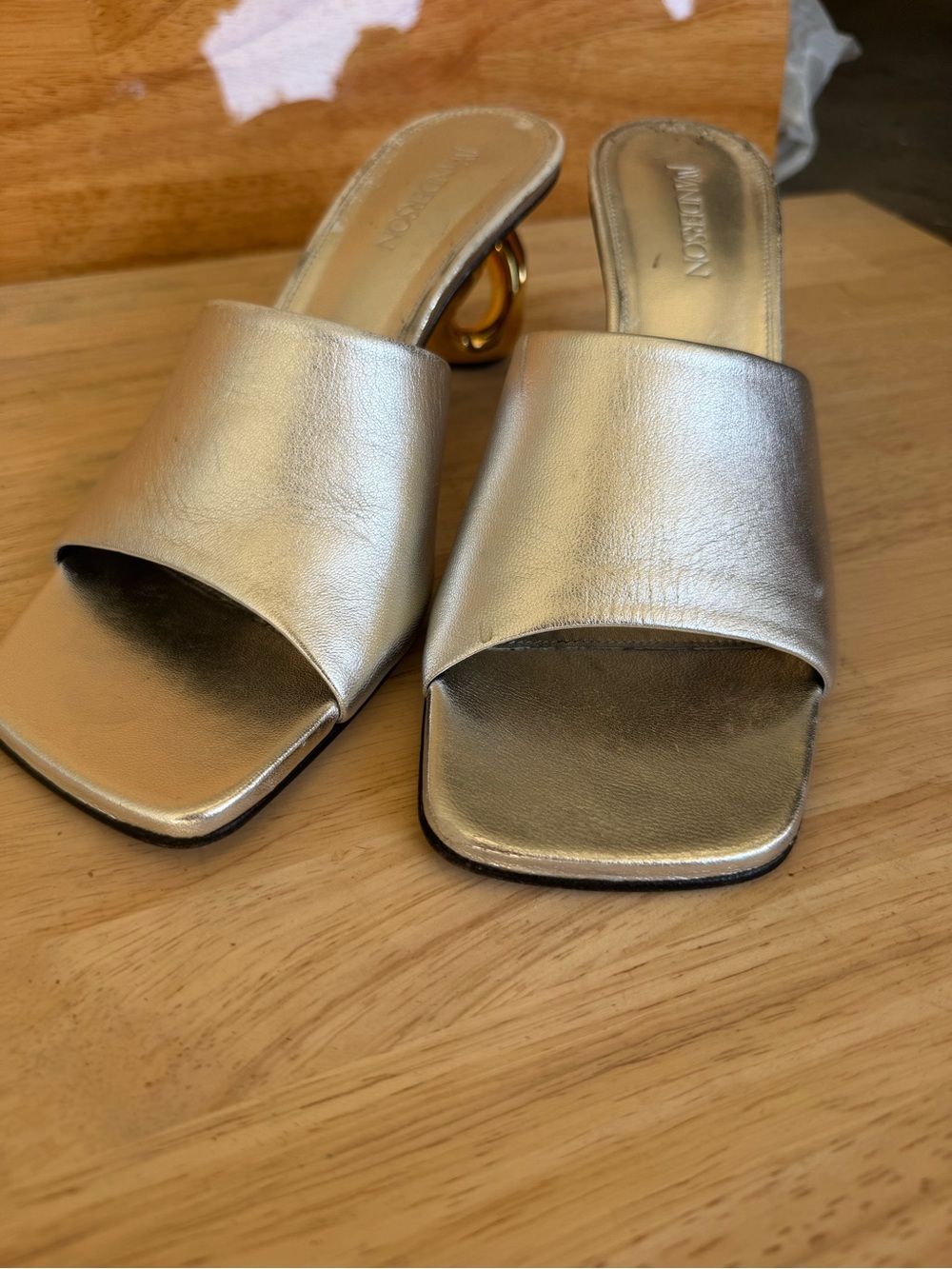 JW Anderson Silver Metallic Leather Chain Heel Mules Size 39 US 9